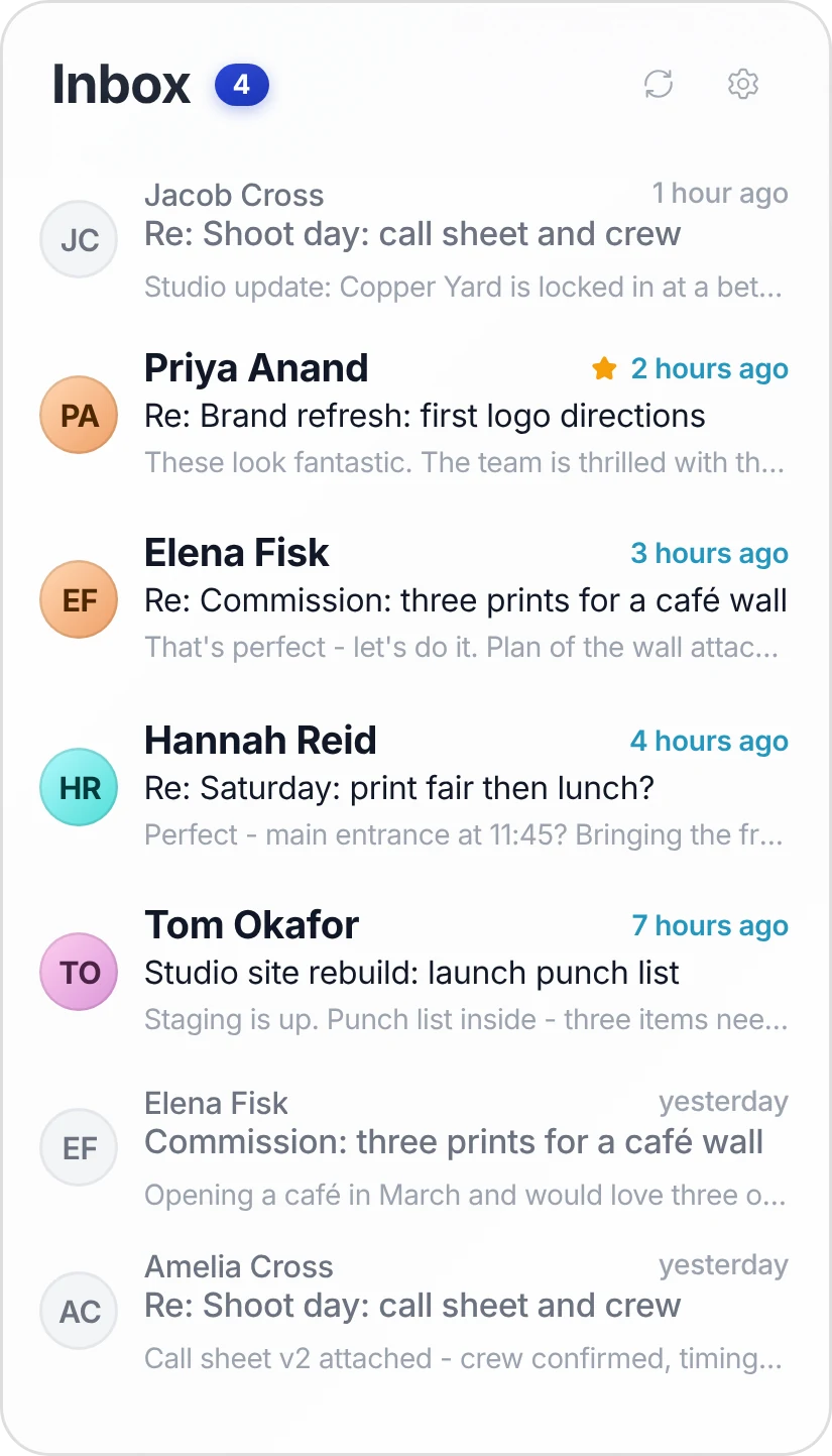The Inbox widget: four unread emails, the newest from Jacob Cross about the shoot day's call sheet and crew.