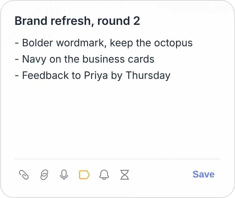 The Notepad widget: a note headed Brand refresh, round 2, with three points to act on.