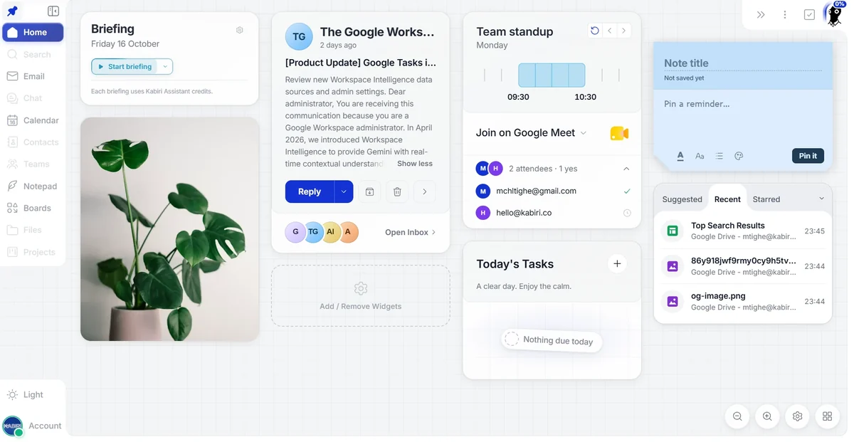 The Kabiri dashboard: the sidebar of tabs, and widgets for the day's briefing, the latest email, the next meeting with its attendees, a sticky note, today's tasks and recent files.