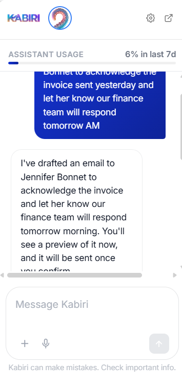 The Kabiri Assistant's chat: it has drafted a reply to Jennifer Bonnet about her invoice, to send once you confirm.